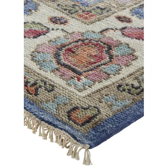 Blue And Red Wool Floral Hand Knotted Stain Resistant Area Rug Photo 3