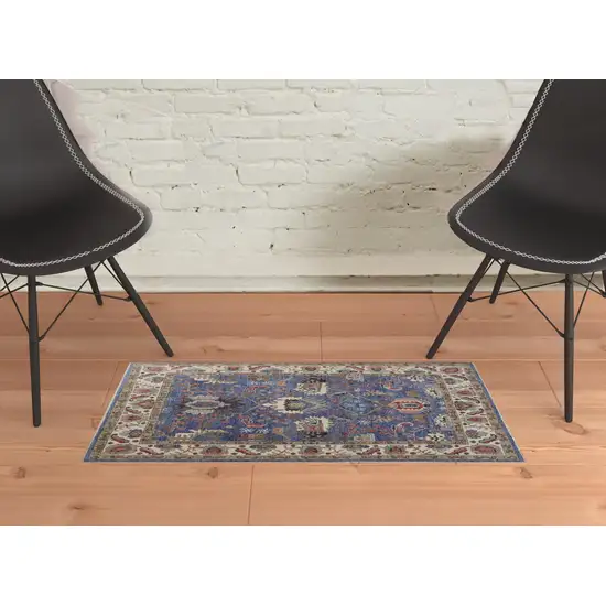 Blue And Red Wool Floral Hand Knotted Stain Resistant Area Rug Photo 2