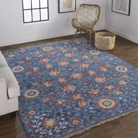 Blue And Red Wool Floral Hand Knotted Stain Resistant Area Rug Photo 6