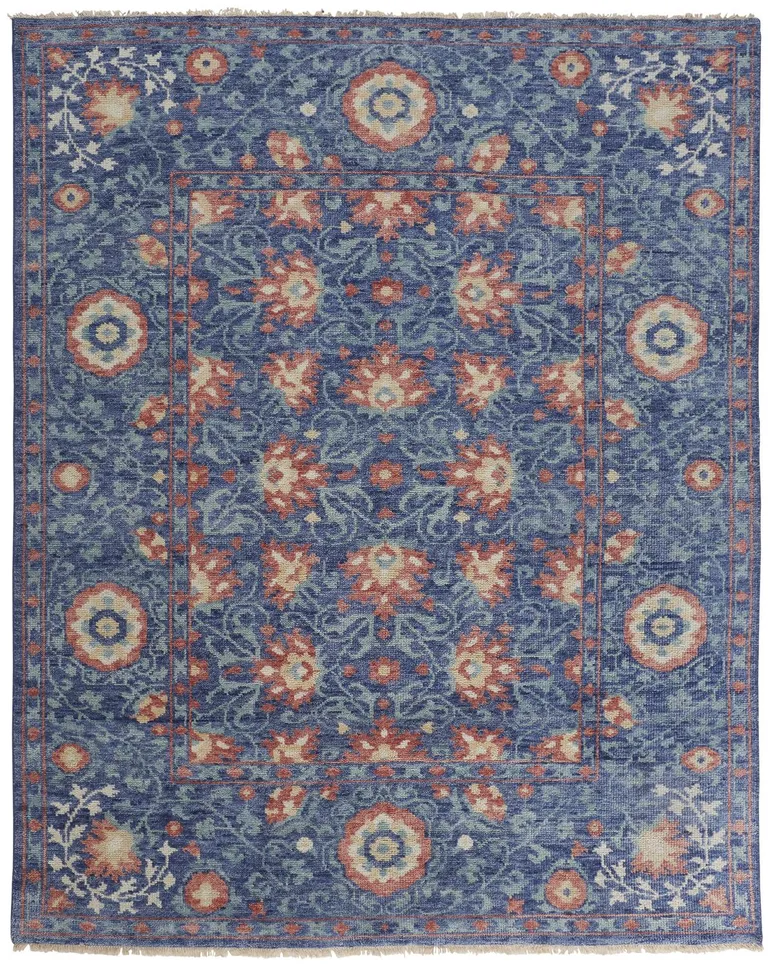 Blue And Red Wool Floral Hand Knotted Stain Resistant Area Rug Photo 1