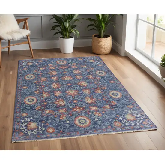 Blue and Beige Wool Floral Hand Knotted Area Rug Photo 1