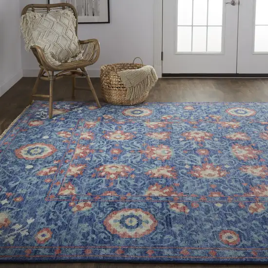 Blue And Red Wool Floral Hand Knotted Stain Resistant Area Rug Photo 7