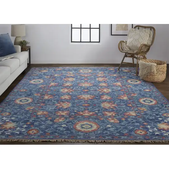 Blue And Red Wool Floral Hand Knotted Stain Resistant Area Rug Photo 5