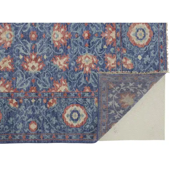 Blue And Red Wool Floral Hand Knotted Stain Resistant Area Rug Photo 4