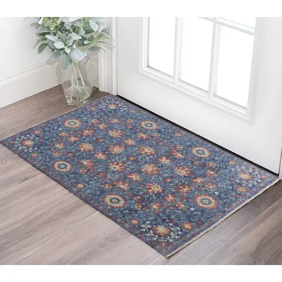 Blue and Beige Wool Floral Hand Knotted Area Rug Photo 1