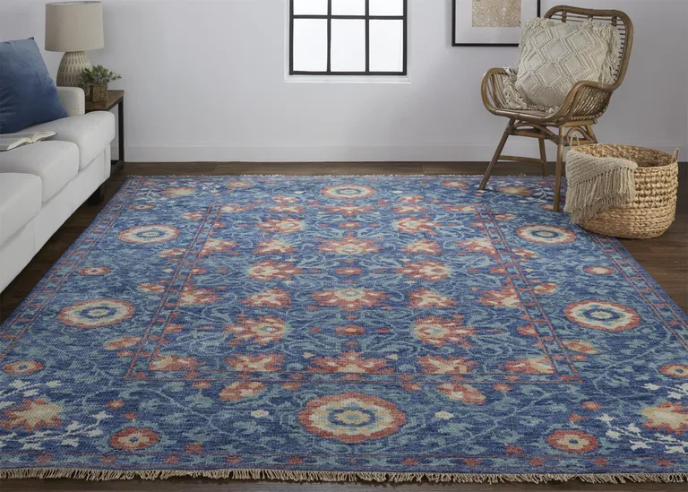 Blue And Red Wool Floral Hand Knotted Stain Resistant Area Rug Photo 5