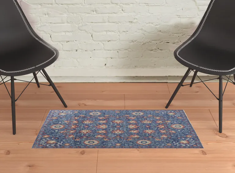 Blue And Red Wool Floral Hand Knotted Stain Resistant Area Rug Photo 2