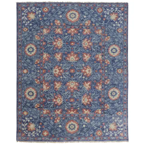 Blue And Red Wool Floral Hand Knotted Stain Resistant Area Rug Photo 1