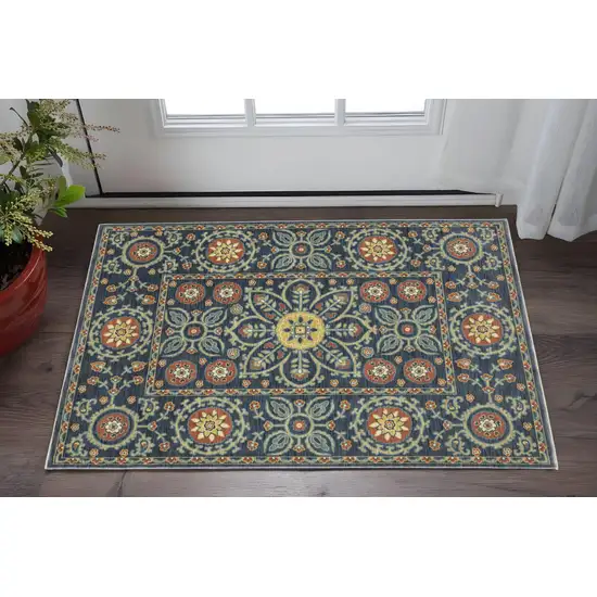 Blue And Rust Medallion Area Rug With Fringe Photo 1