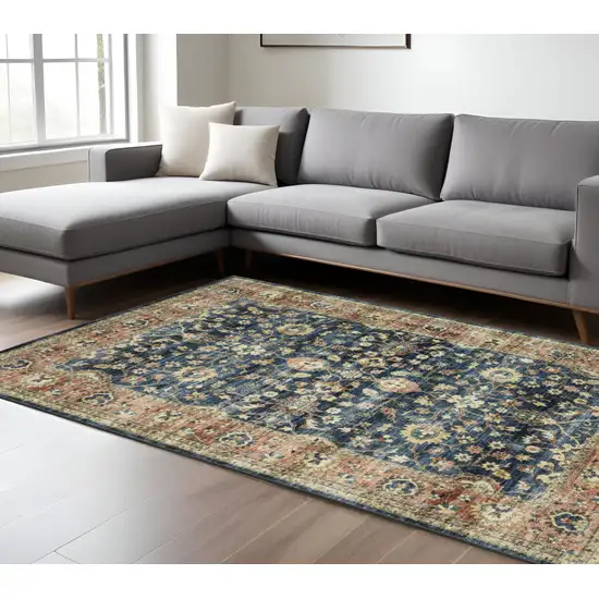 Blue And Rust Oriental Distressed Area Rug Photo 1