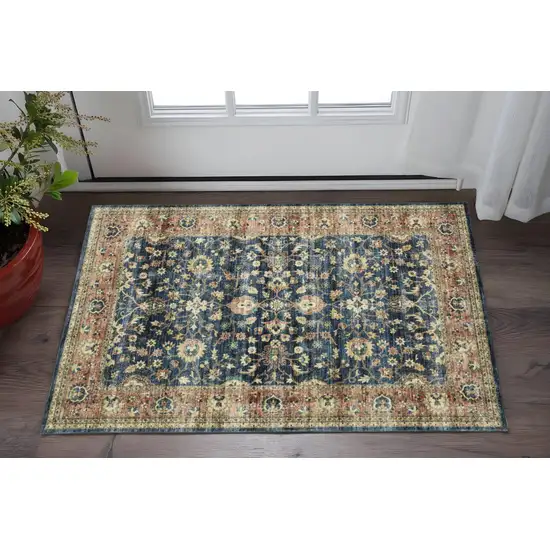 Blue And Rust Oriental Distressed Area Rug Photo 1