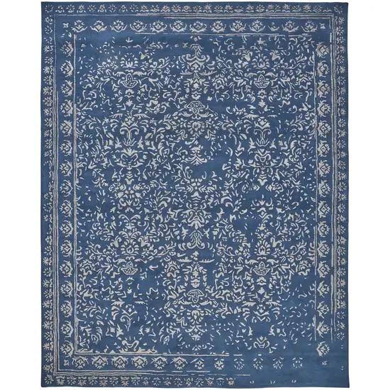 Blue And Silver Wool Floral Tufted Handmade Distressed Area Rug Photo 1