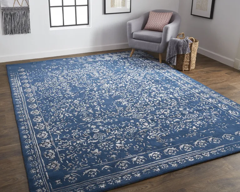 Blue And Silver Wool Floral Tufted Handmade Distressed Area Rug Photo 4