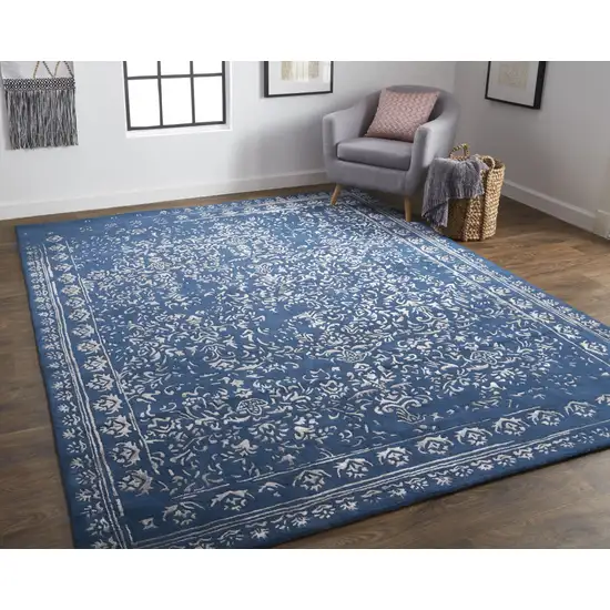 Blue And Silver Wool Floral Tufted Handmade Distressed Area Rug Photo 4