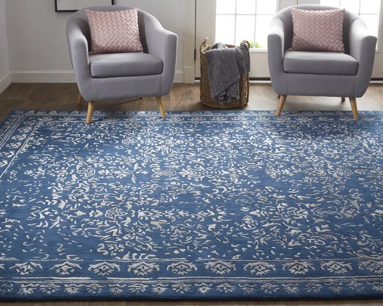 Blue And Silver Wool Floral Tufted Handmade Distressed Area Rug Photo 5