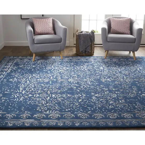 Blue And Silver Wool Floral Tufted Handmade Distressed Area Rug Photo 5