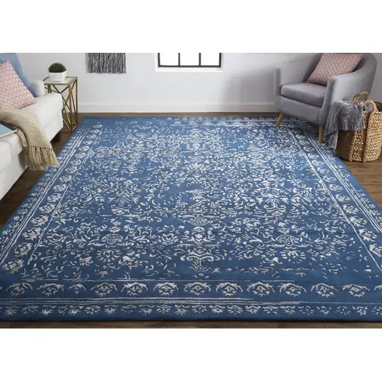 Blue And Silver Wool Floral Tufted Handmade Distressed Area Rug Photo 3