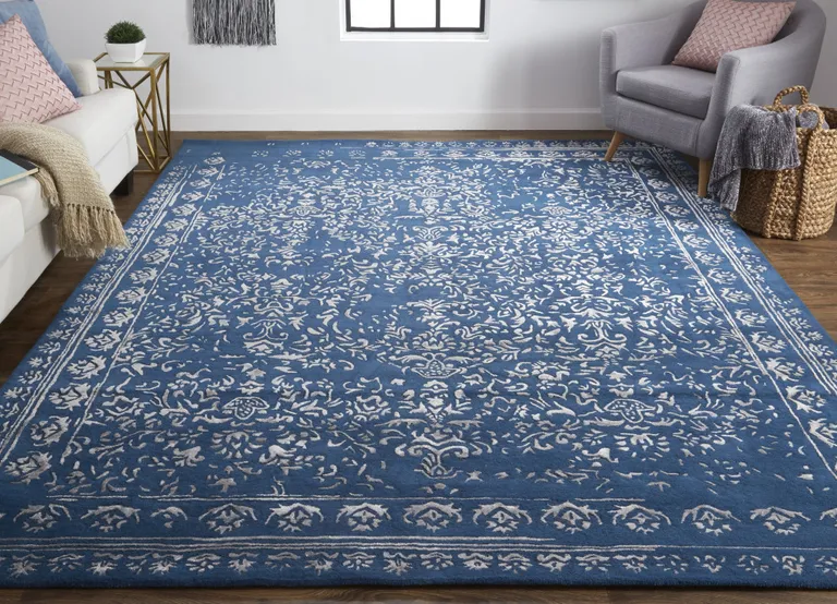 Blue And Silver Wool Floral Tufted Handmade Distressed Area Rug Photo 3