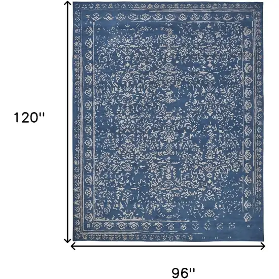 Blue And Silver Wool Floral Tufted Handmade Distressed Area Rug Photo 6