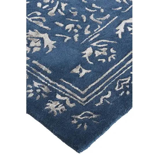 Blue And Silver Wool Floral Tufted Handmade Distressed Area Rug Photo 4