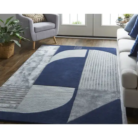 Blue And Silver Wool Geometric Tufted Handmade Area Rug Photo 5