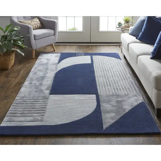 Blue And Silver Wool Geometric Tufted Handmade Area Rug Photo 4