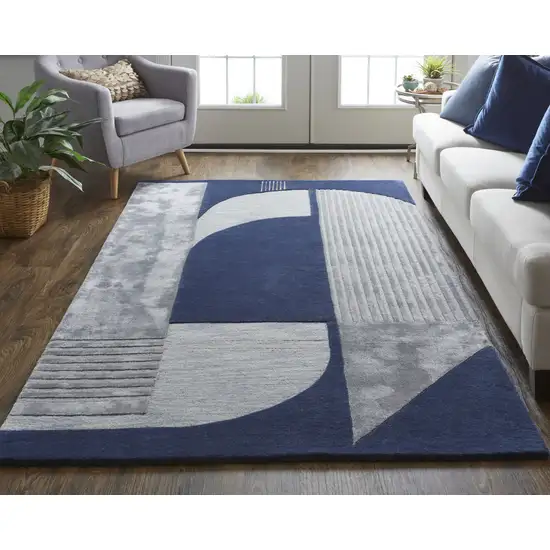 Blue And Silver Wool Geometric Tufted Handmade Area Rug Photo 2