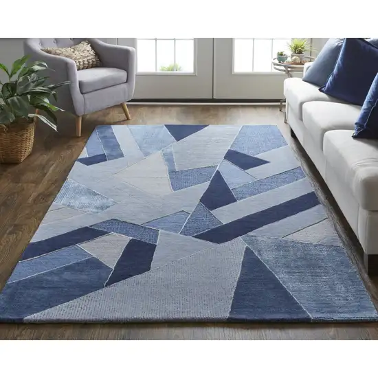 Blue And Silver Wool Geometric Tufted Handmade Area Rug Photo 5