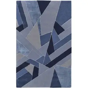 Photo of Blue And Silver Wool Geometric Tufted Handmade Area Rug