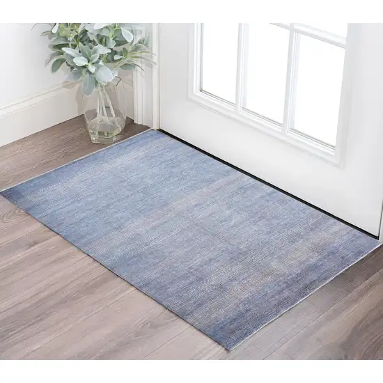 Blue and Silver Wool Striped Hand Knotted Area Rug Photo 2