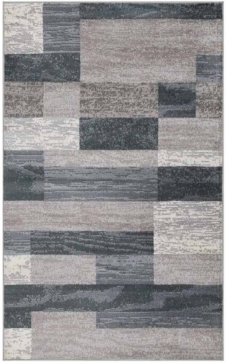 Blue And Taupe Patchwork Power Loom Stain Resistant Area Rug Photo 1