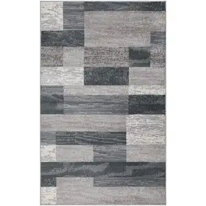 Photo of Blue And Taupe Patchwork Power Loom Stain Resistant Area Rug