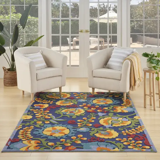 Blue And Yellow Floral Power Loom Area Rug Photo 6