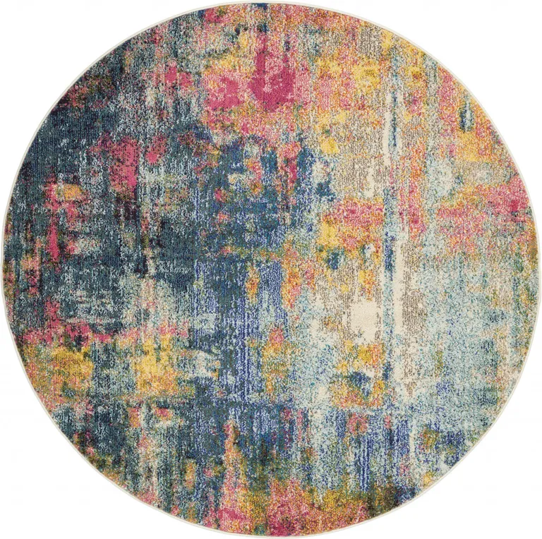 Blue And Yellow Round Abstract Power Loom Non Skid Area Rug Photo 1