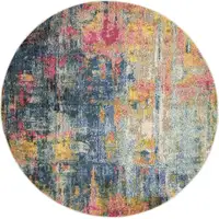 Photo of Blue And Yellow Round Abstract Power Loom Non Skid Area Rug