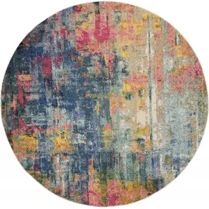 Photo of Blue And Yellow Round Abstract Power Loom Non Skid Area Rug