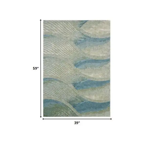 Blue Beige Abstract Waves Modern Area Rug Photo 3