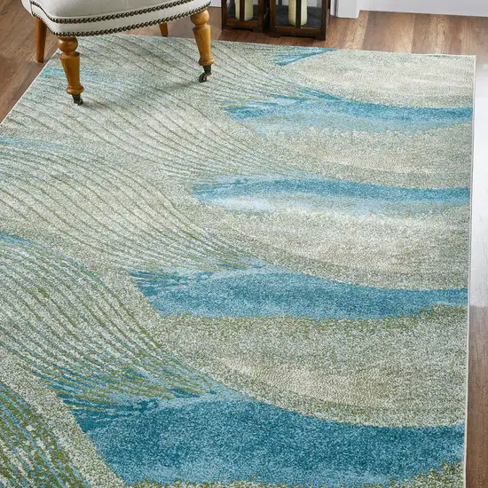 Blue Beige Abstract Waves Modern Area Rug Photo 5