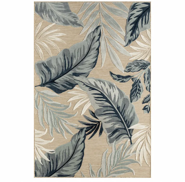 Blue Beige And Cream Floral Stain Resistant Indoor Outdoor Area Rug Photo 1