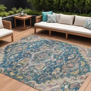 Photo of Blue Beige And Gold Oriental Washable Indoor Outdoor Area Rug