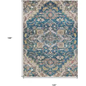 Photo of Blue Beige And Gold Oriental Washable Indoor Outdoor Area Rug