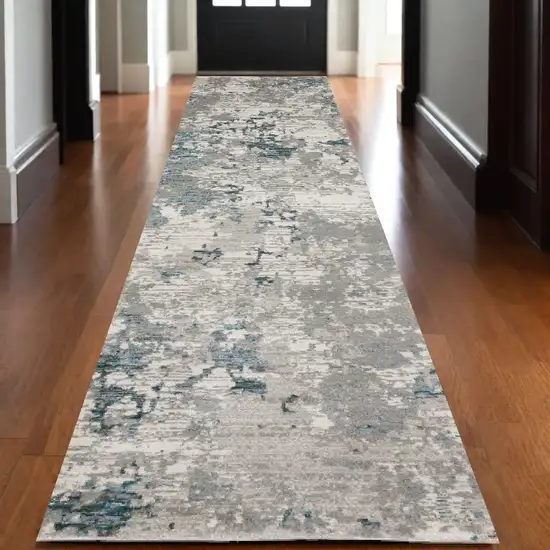 12' Runner Blue Beige and Teal Abstract Power Loom Runner Rug Photo 1