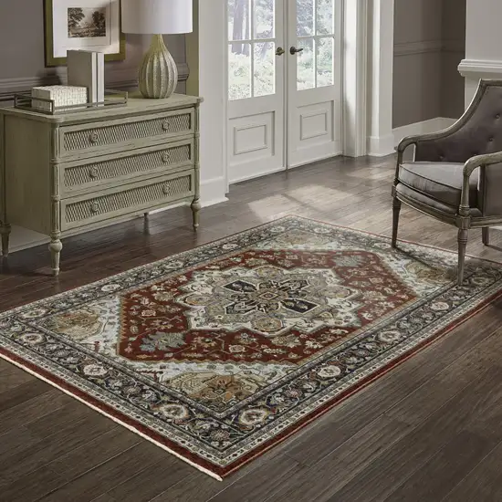 Blue Beige Grey Gold Green And Rust Red Oriental Power Loom Stain Resistant Area Rug With Fringe Photo 9