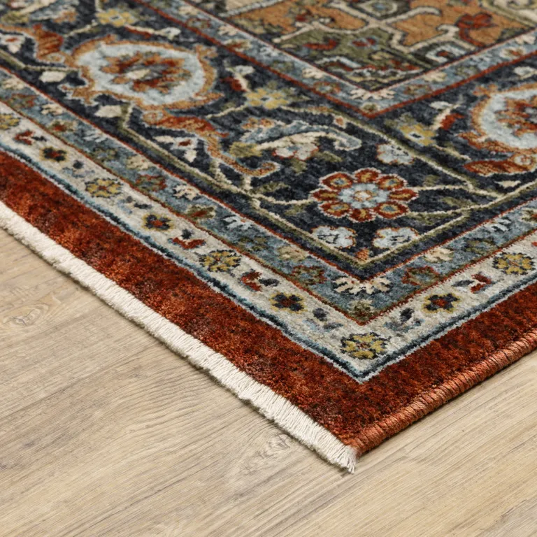 Blue Beige Grey Gold Green And Rust Red Oriental Power Loom Stain Resistant Area Rug With Fringe Photo 5