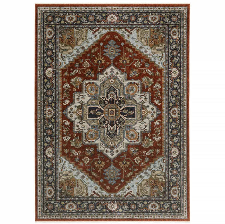 Blue Beige Grey Gold Green And Rust Red Oriental Power Loom Stain Resistant Area Rug With Fringe Photo 1