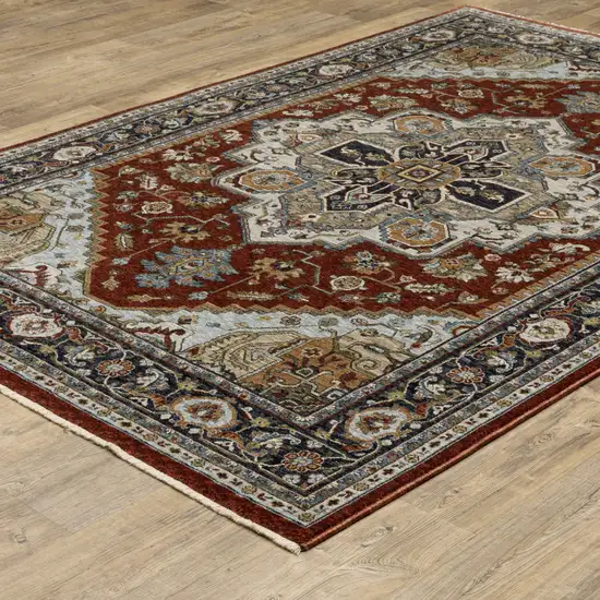 Blue Beige Grey Gold Green And Rust Red Oriental Power Loom Stain Resistant Area Rug With Fringe Photo 6