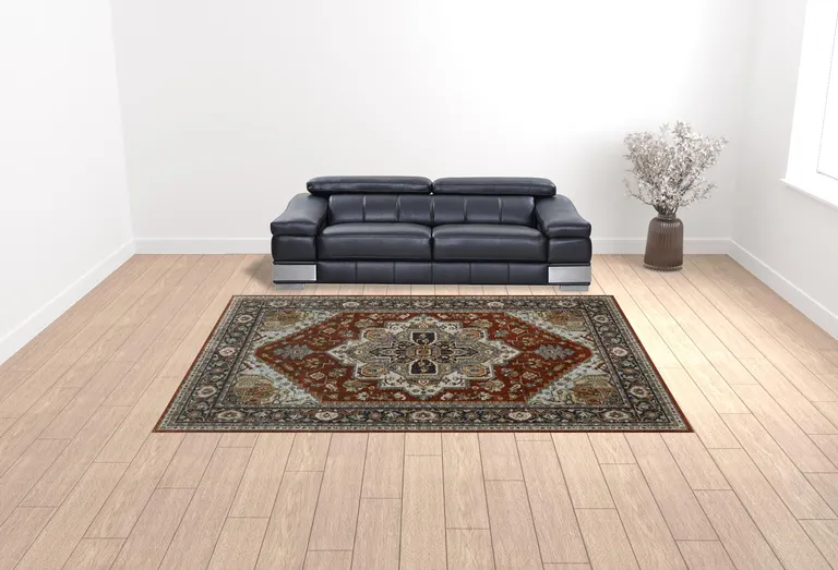 Blue Beige Grey Gold Green And Rust Red Oriental Power Loom Stain Resistant Area Rug With Fringe Photo 3