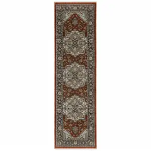 Photo of Blue Beige Grey Gold Green And Rust Red Oriental Power Loom Stain Resistant Runner Rug With Fringe