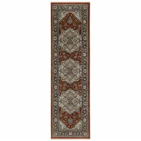 Blue Beige Grey Gold Green And Rust Red Oriental Power Loom Stain Resistant Runner Rug With Fringe Photo 1