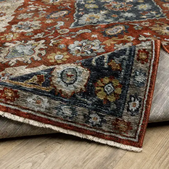 Blue Beige Grey Gold Green And Rust Red Oriental Power Loom Stain Resistant Runner Rug With Fringe Photo 8